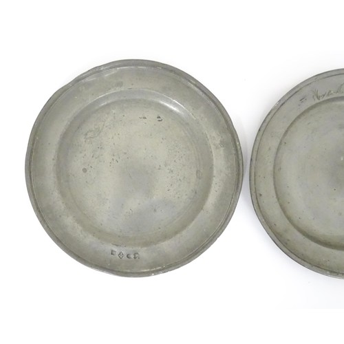 781 - Three 19thC pewter plates, variously marked with makers marks/ touchmarks and date of 1858, each app... 