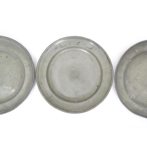 781 - Three 19thC pewter plates, variously marked with makers marks/ touchmarks and date of 1858, each app... 