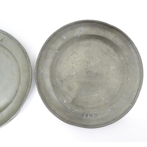 781 - Three 19thC pewter plates, variously marked with makers marks/ touchmarks and date of 1858, each app... 