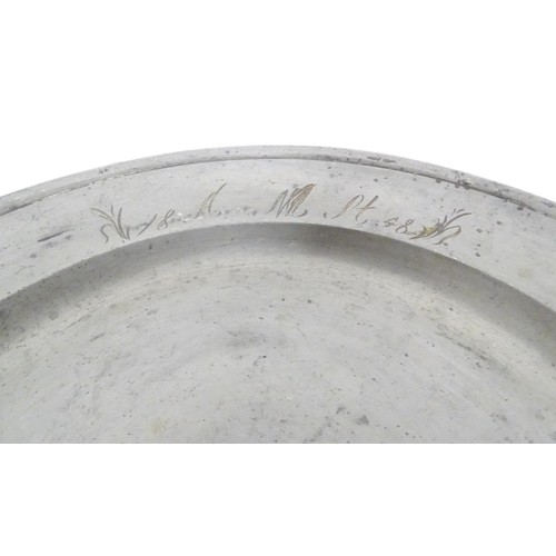 781 - Three 19thC pewter plates, variously marked with makers marks/ touchmarks and date of 1858, each app... 