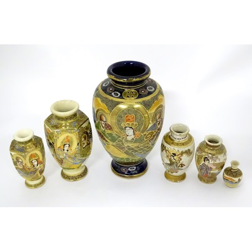 785 - Six assorted Japanese vases decorated with figures, flowers and gilt highlights. Largest approx 13