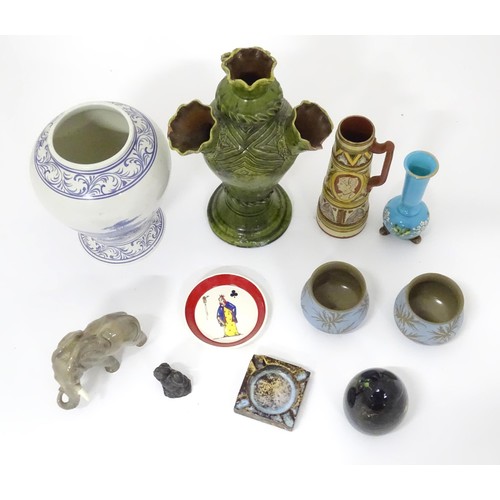 789 - A quantity of assorted ceramics to include Welsh a green glazed vase inscribed 'Blodau hard Flodau' ... 