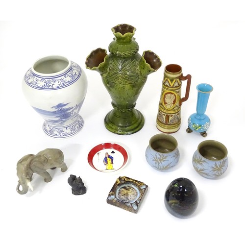 789 - A quantity of assorted ceramics to include Welsh a green glazed vase inscribed 'Blodau hard Flodau' ... 