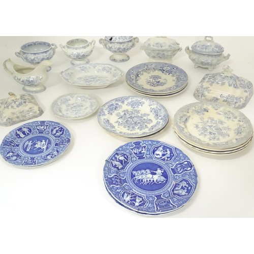 792 - A quantity of assorted blue and white dinner wares to include plates, tureens / serving dishes, sauc... 