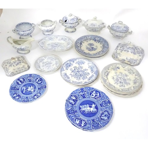 792 - A quantity of assorted blue and white dinner wares to include plates, tureens / serving dishes, sauc... 