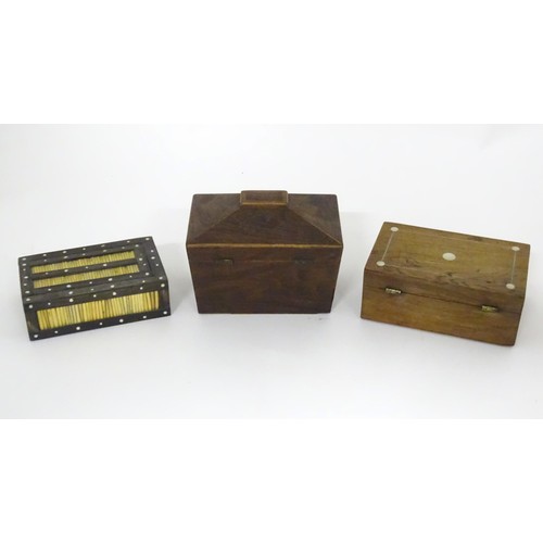 793 - Six assorted 19thC and later boxes to include a rosewood workbox with fitted interior, a mahogany bo... 