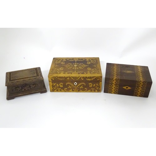 793 - Six assorted 19thC and later boxes to include a rosewood workbox with fitted interior, a mahogany bo... 