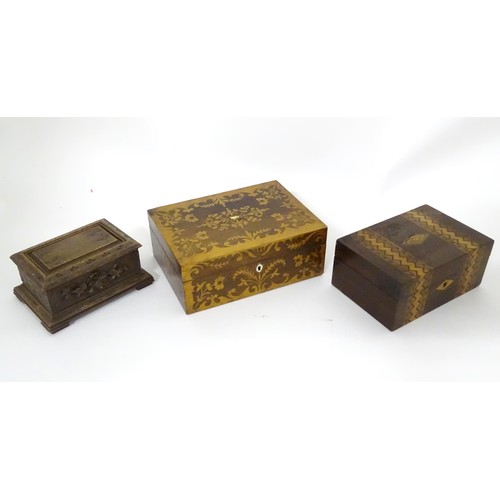 793 - Six assorted 19thC and later boxes to include a rosewood workbox with fitted interior, a mahogany bo... 