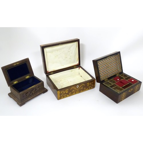 793 - Six assorted 19thC and later boxes to include a rosewood workbox with fitted interior, a mahogany bo... 