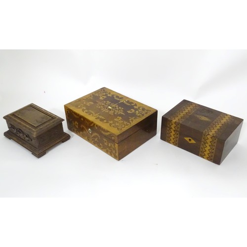 793 - Six assorted 19thC and later boxes to include a rosewood workbox with fitted interior, a mahogany bo... 