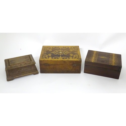 793 - Six assorted 19thC and later boxes to include a rosewood workbox with fitted interior, a mahogany bo... 