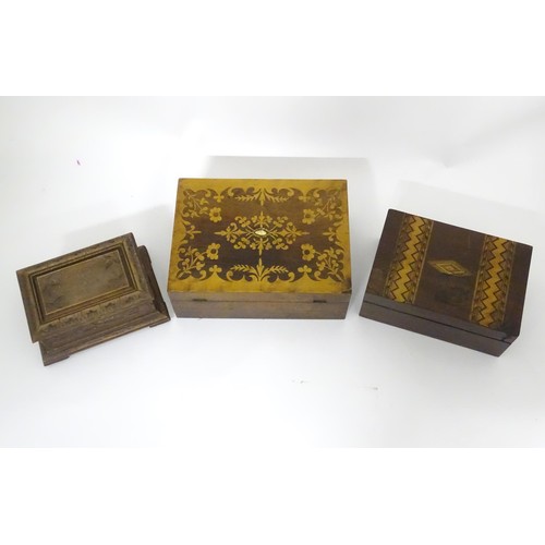 793 - Six assorted 19thC and later boxes to include a rosewood workbox with fitted interior, a mahogany bo... 