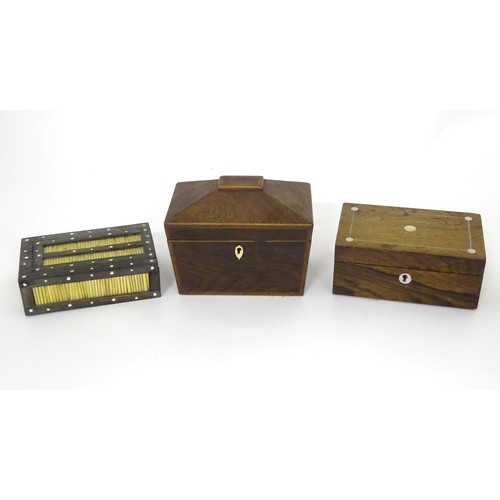 793 - Six assorted 19thC and later boxes to include a rosewood workbox with fitted interior, a mahogany bo... 