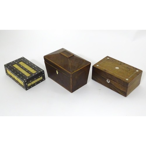 793 - Six assorted 19thC and later boxes to include a rosewood workbox with fitted interior, a mahogany bo... 