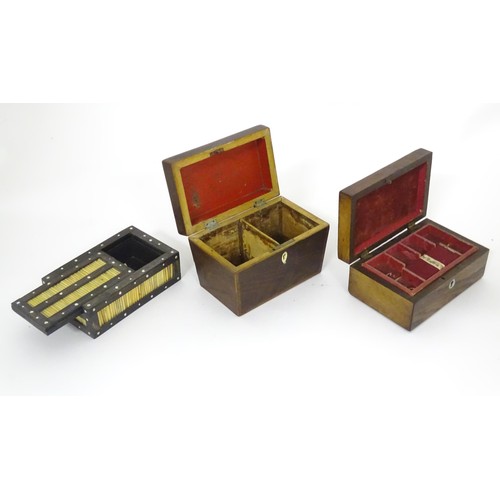 793 - Six assorted 19thC and later boxes to include a rosewood workbox with fitted interior, a mahogany bo... 