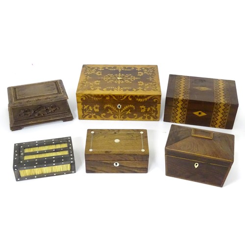 793 - Six assorted 19thC and later boxes to include a rosewood workbox with fitted interior, a mahogany bo... 