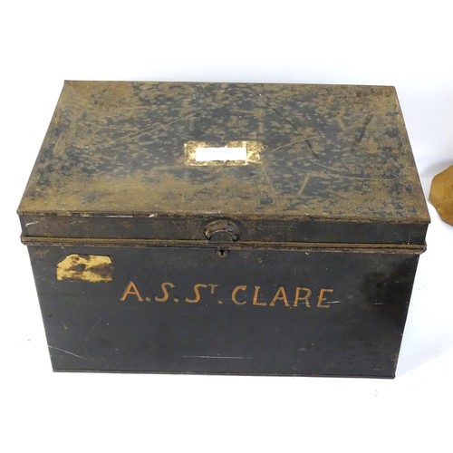 836 - A mid 20thC deed box, containing various leather samples and offcuts, the box approx 22