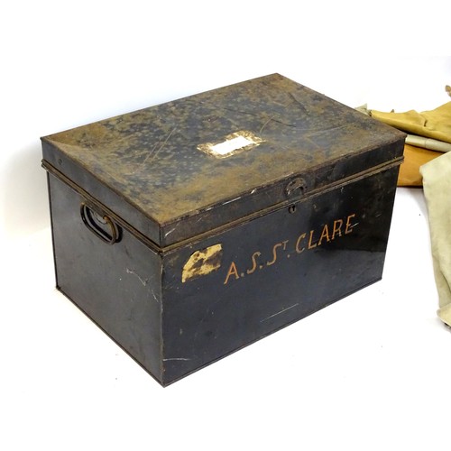 836 - A mid 20thC deed box, containing various leather samples and offcuts, the box approx 22