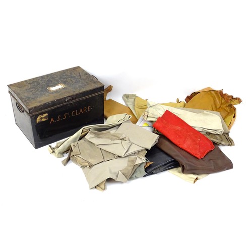 836 - A mid 20thC deed box, containing various leather samples and offcuts, the box approx 22