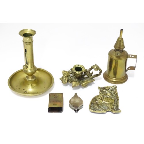 849 - A quantity of brassware, to include a chamber stick, a 1916 Trench art matchbox cover, candlesticks ... 