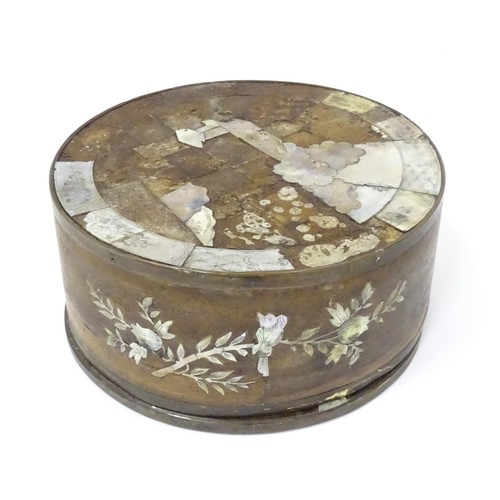 854 - A Chinese circular and lid, box decorated with  mother of pearl panels, approx 7