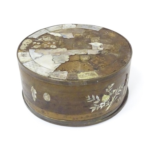 854 - A Chinese circular and lid, box decorated with  mother of pearl panels, approx 7