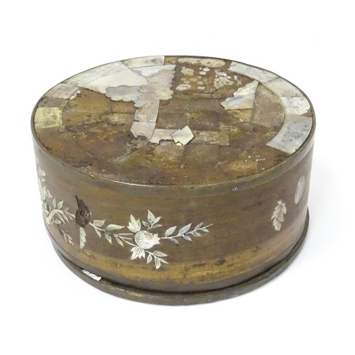 854 - A Chinese circular and lid, box decorated with  mother of pearl panels, approx 7