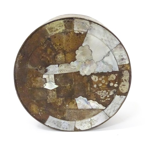 854 - A Chinese circular and lid, box decorated with  mother of pearl panels, approx 7