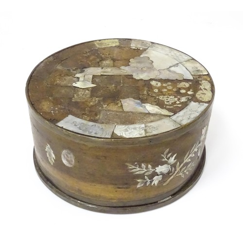 854 - A Chinese circular and lid, box decorated with  mother of pearl panels, approx 7