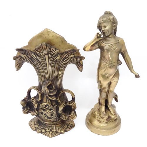 861 - A 20thC cast brass vase of floral and foliate form. Together with a cast brass sculpture modelled as... 