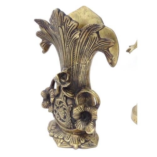 861 - A 20thC cast brass vase of floral and foliate form. Together with a cast brass sculpture modelled as... 