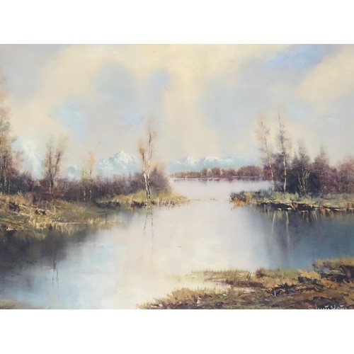 881 - Three 20thC oil on canvas paintings to include a winter river landscape signed R. Danford, an Austri... 