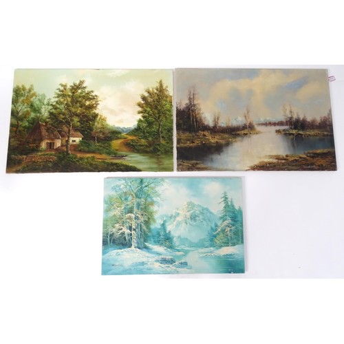 881 - Three 20thC oil on canvas paintings to include a winter river landscape signed R. Danford, an Austri... 