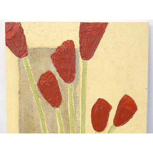 888 - A 21stC mixed media painting depicting an abstract still life with tulips. Approx. 39 1/4