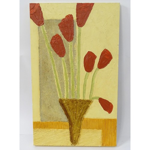 888 - A 21stC mixed media painting depicting an abstract still life with tulips. Approx. 39 1/4