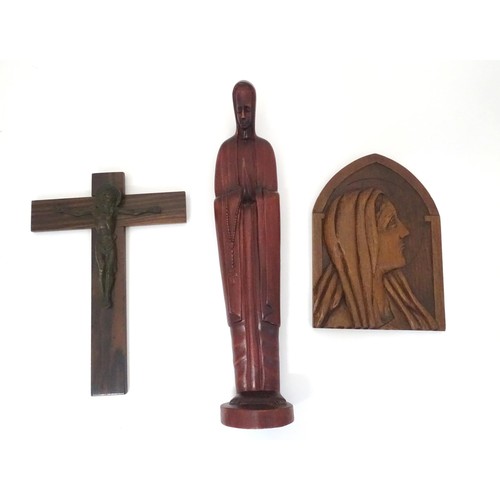 893 - Three religious items, comprising a crucifix with bronze figure of Christ signed Gallo, a figure of ... 