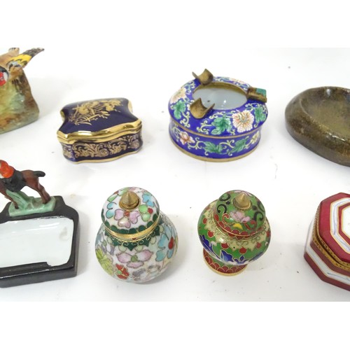 908 - Assorted items to include a pair of ceramic hunting themed pin dishes, a Limoge box, two match keeps... 