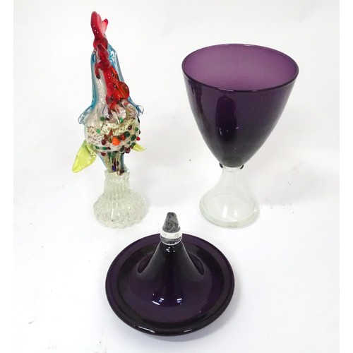 912 - A Murano glass style model of a cockerel. Together with an amethyst and clear glass lidded vase and ... 