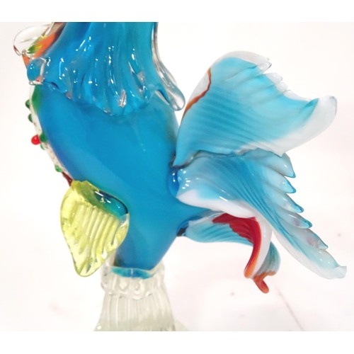 912 - A Murano glass style model of a cockerel. Together with an amethyst and clear glass lidded vase and ... 