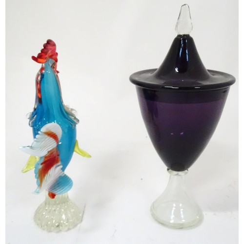 912 - A Murano glass style model of a cockerel. Together with an amethyst and clear glass lidded vase and ... 