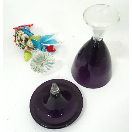 912 - A Murano glass style model of a cockerel. Together with an amethyst and clear glass lidded vase and ... 