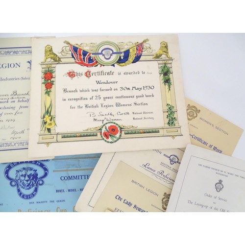 913 - Buckinghamshire local interest : a quantity of 1930s Royal British Legion Wendover branch certificat... 