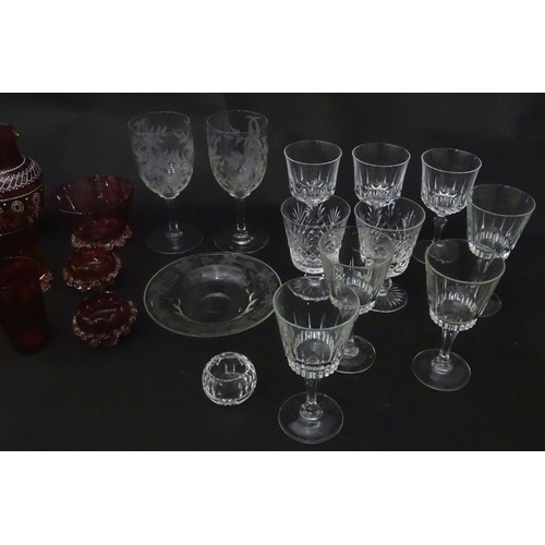 921 - A quantity of assorted Victorian and later glassware to include various wine glasses including two w... 