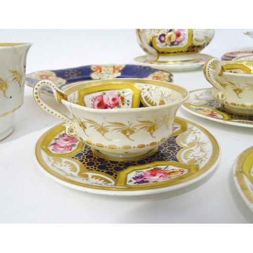 923 - A quantity of 19thC tea wares with floral and gilt decoration to include teapot and stand, sucrier, ... 