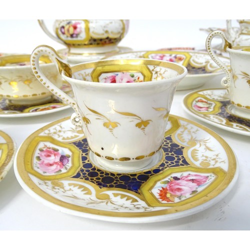 923 - A quantity of 19thC tea wares with floral and gilt decoration to include teapot and stand, sucrier, ... 