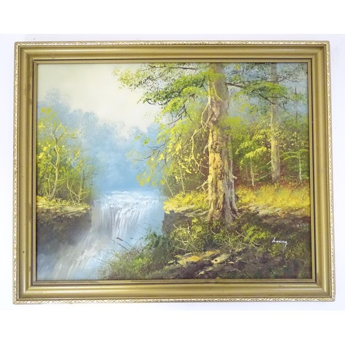 926 - A 20thC oil on board depicting a waterfall in a woodland landscape. Signed lower right. Approx. 15 1... 