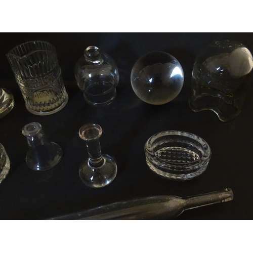 334 - A quantity of assorted scientific / medical glassware and implements, to include vessels, sphere, li... 