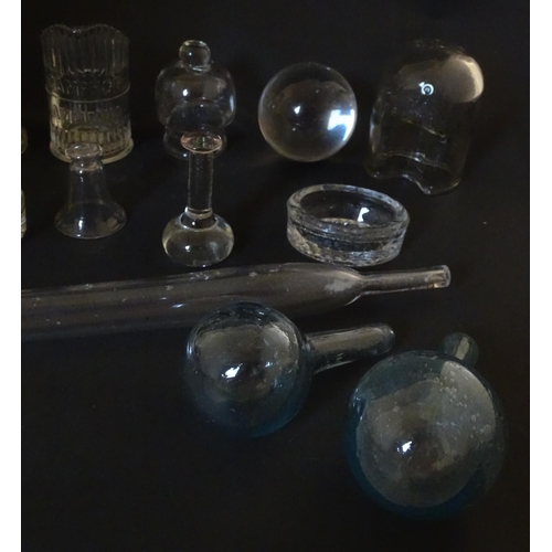 334 - A quantity of assorted scientific / medical glassware and implements, to include vessels, sphere, li... 