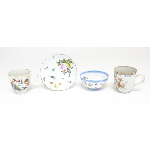 48 - Four Chinese items to include a tea bowl decorated with butterflies, a saucer with hand painted flor... 