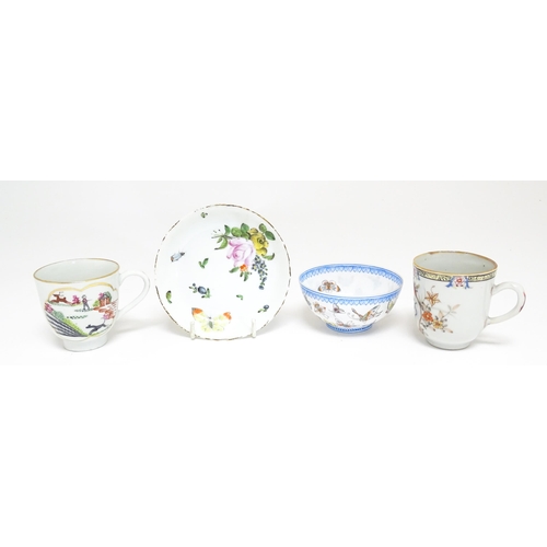 48 - Four Chinese items to include a tea bowl decorated with butterflies, a saucer with hand painted flor... 